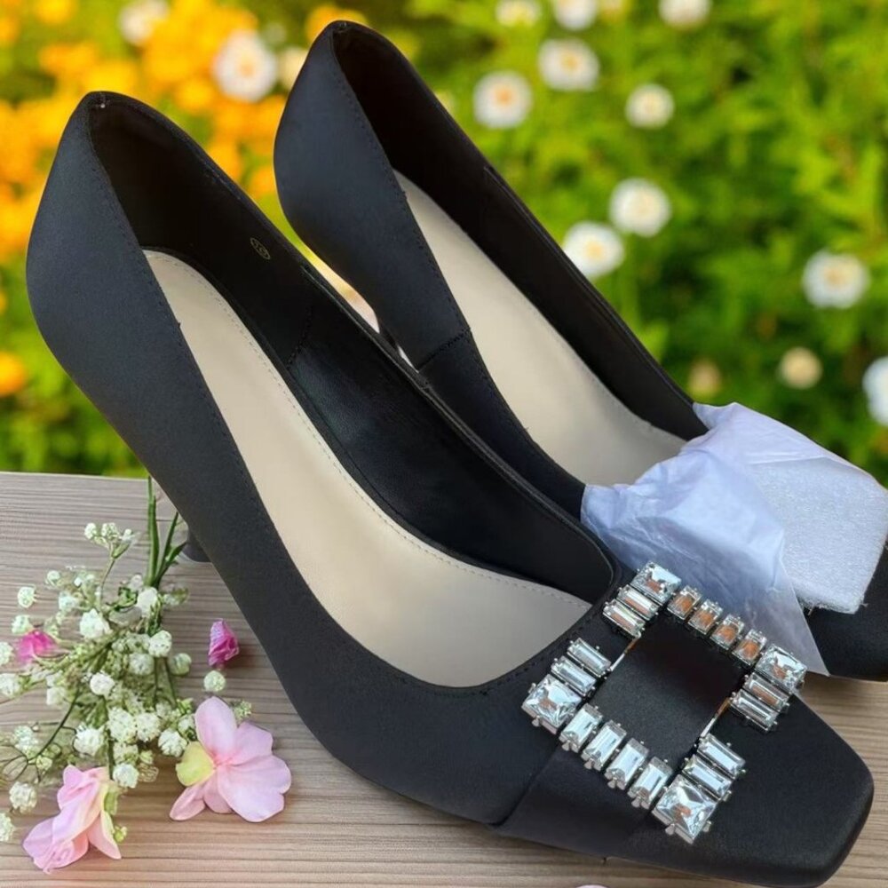 NEW 3.5" black silk high heels gems pattern square toe work interview elegan
